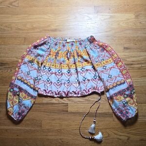 BN Rococo Sand 100% silk sequin printed sheer crop off shoulder long sleeve top